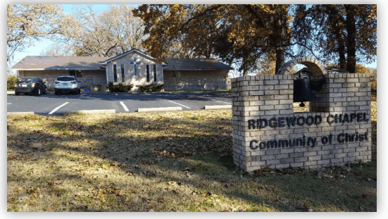 Ridgewood Chapel, Community of Christ, is shown with a parking area and nearby trees, highlighting the welcoming environment for gatherings.